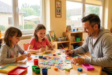 Une famille profite d’activités créatives dans une salle lumineuse pendant qu’il pleut dehors.