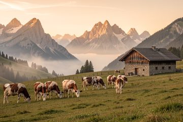 Prairie d’alpage dans les Aravis au lever du jour, avec des vaches laitières près d’une ferme traditionnelle savoyarde et les montagnes en arrière-plan.